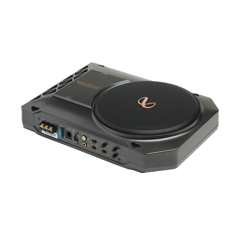 BassLink SM2 - Black - Add high-performance bass with a low-profile woofer enclosure - Powered, 8" (200mm) compact car audio under seat woofer system - Hero
